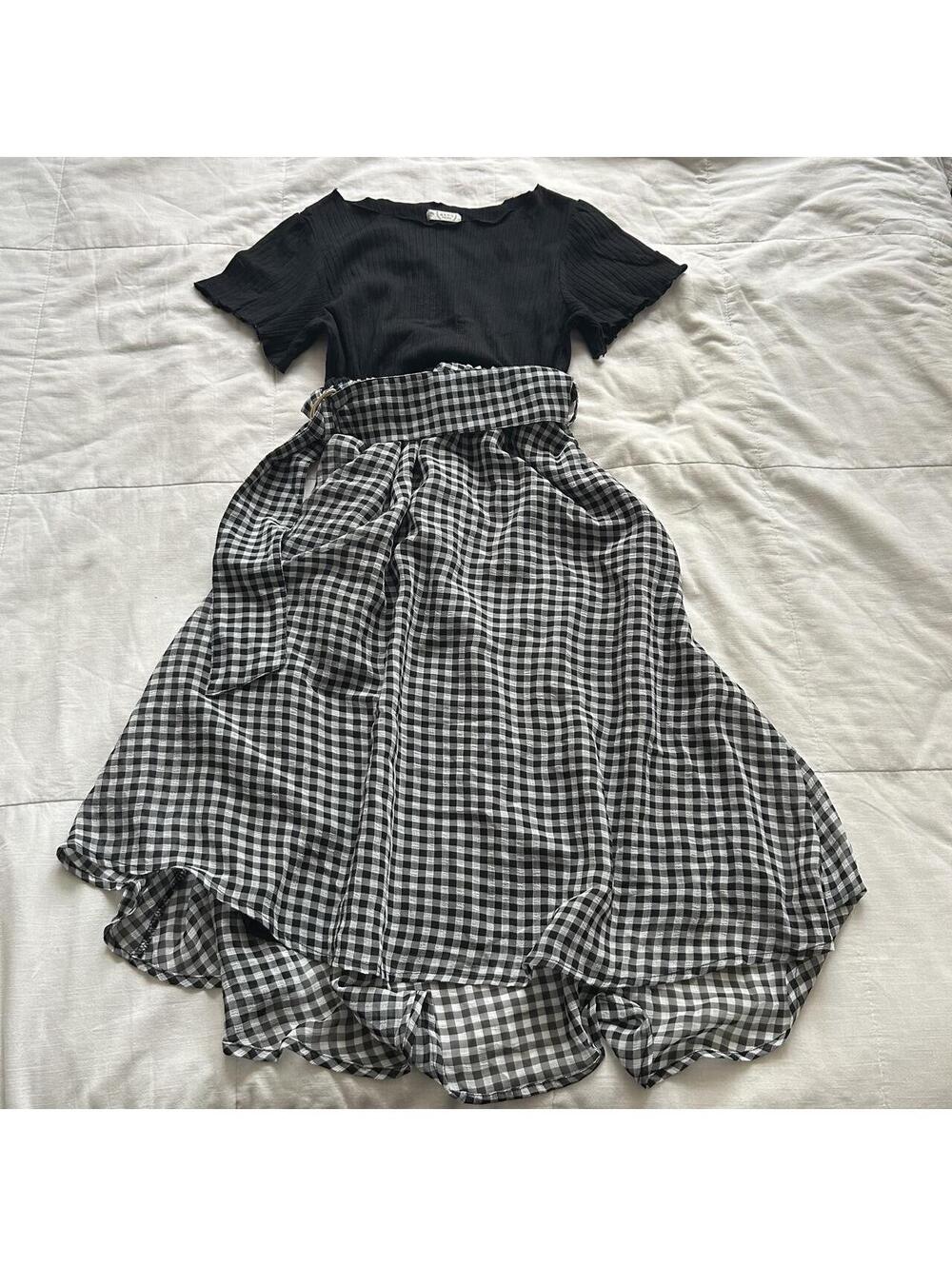 Axes Femme Black White Gingham Belted Flared Dress Medium Japan